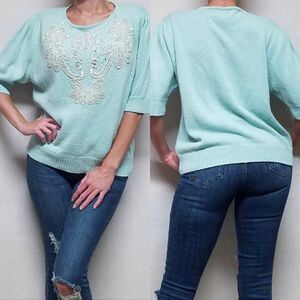 VINTAGE 80s Cervelle Aqua Sequin Bead Sweater Top